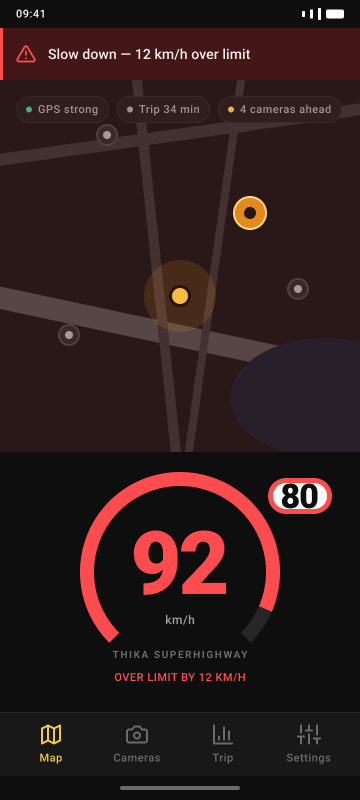 SpeedDial showing an over-limit speed, dial in red